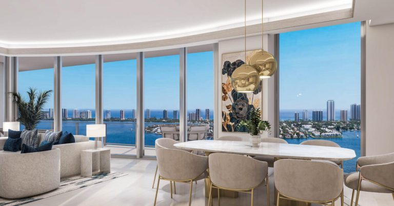 Elegant luxury condominium interior with panoramic Intracoastal and ocean views at Oculina in The Palm Beaches.