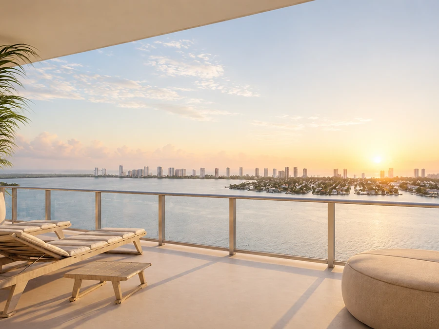 Luxury waterfront residence overlooking the Intracoastal Waterway at sunrise in The Palm Beache